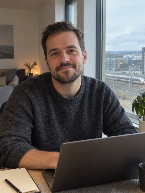Jonas Henrik Andreassen Olsen ved skrivebordet hjemme i Lillestrøm, med jernbanen utenfor vinduet